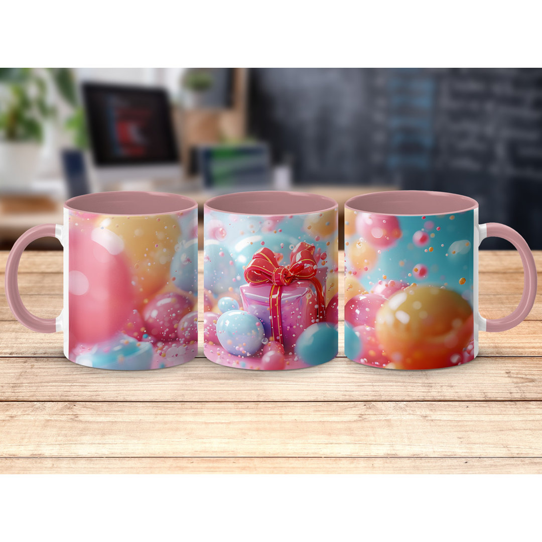 Set of 3 Colourful 3D Design 11oz Accent Mugs – White Ceramic Coffee Cups with a Pink Handle and Interior
