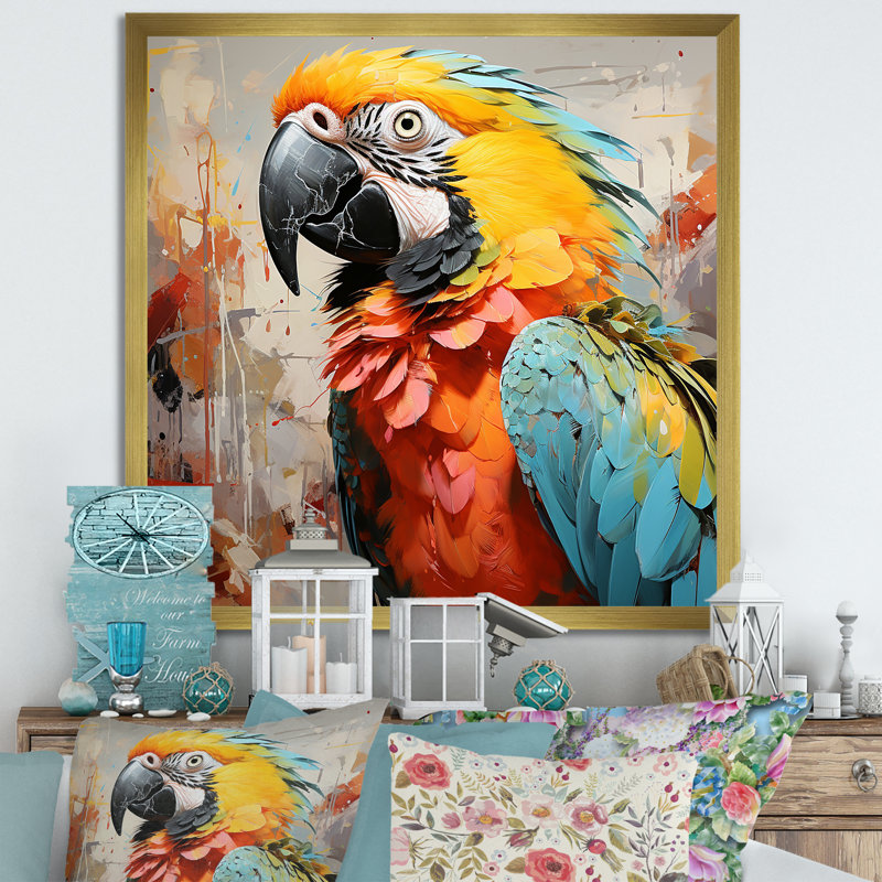 Perroquet jaune tempête tropicale sur toile, Cadre doré simple, H 16 po x l 16 po x P 1 po