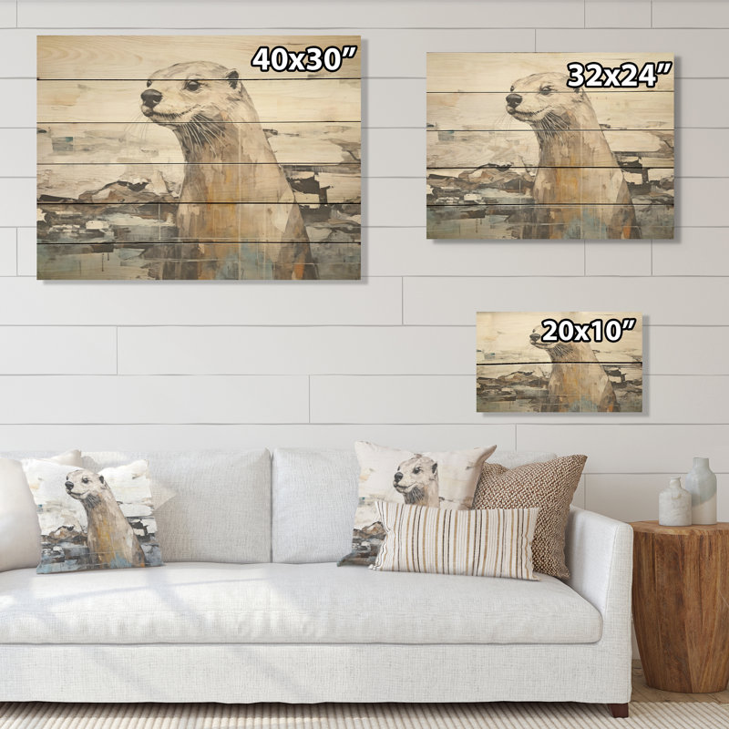 Otter Playfulness Magic - Otter Wood Art On Natural Pine Wood, 24" H x 32" W