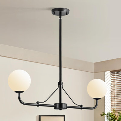Linear Chandelier With Milk White Glass Shades, Adjustable Hanging Height For Kitchen Island Lighting, Dining Room Light Fixture Over Table, Mid Century Modern Design, Easy Installation
