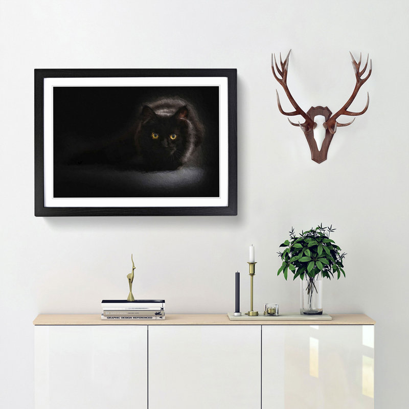 Black Cat with Yellow Eyes - Picture Frame Art Print, 27cm H x 36cm W x 2cm D, Black Framed