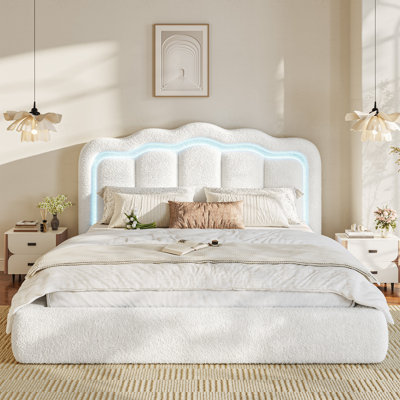 Cloud Bed with Wave‑Shaped Headboard, Upholstered Platform Bed Frame with LED Light Strip, Teddy Fleece Fabric, Easy Assembly, No Box Spring Needed