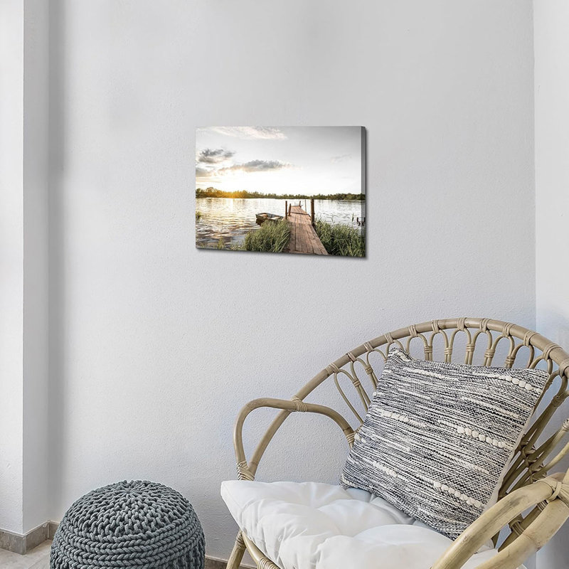 Canvas Wall Art: Boat Picture Nature Landscape Prints Lakeside Reed Painting Dock Scene Artwork for Bedroom Living Room Home Office
