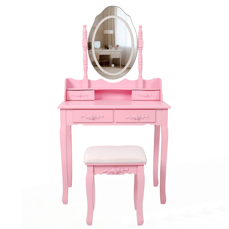 Ensemble de coiffeuse avec miroir et tabouret rembourré, Rose