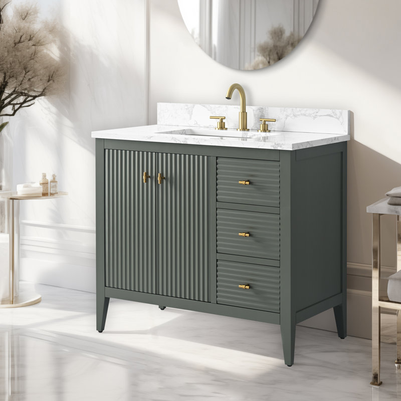 Ensemble de meuble-lavabo simple 36 po, Linéaire vert rétro, Doré brossé