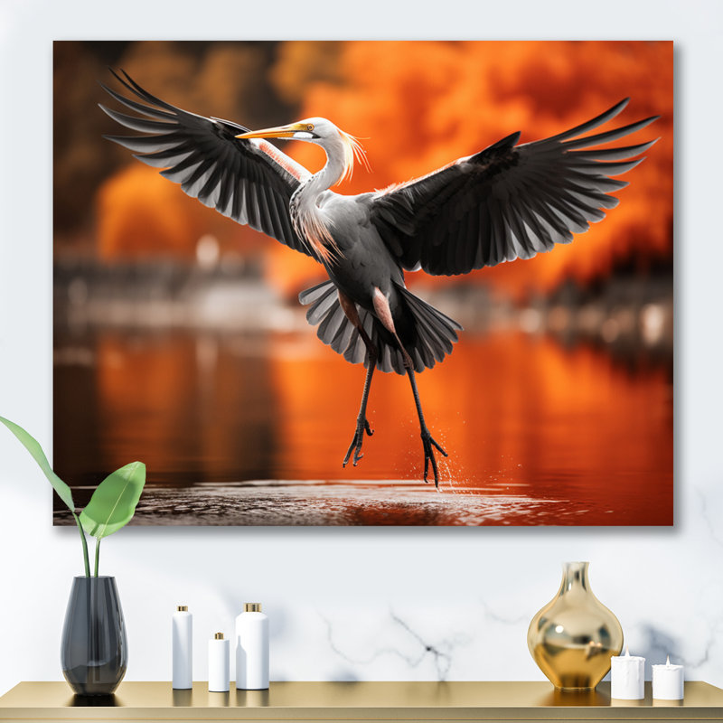 Orange Grey Heron Graceful Heron In Autumn I - Animals Canvas Prints, H 24 po x l 32 po x P 1 po, Toile tendue