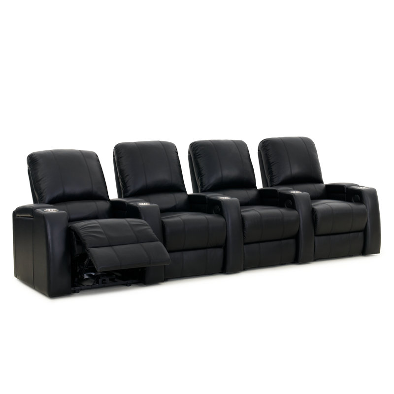 Upholstered Home Theater Seating with Cup Holder, Luxe Black Genuine Leather, Manual