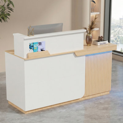 Modern Reception Desk with LED Lights & Charging Station, 62.2" Modern Office Front Desk with Spacious Countertop