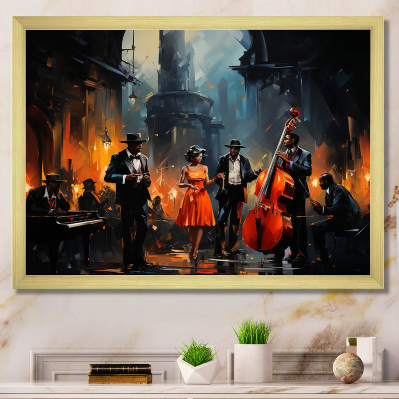 «Music In Harlems III» - Art africain sur toile, art mural, H 34 po x l 44 po, Impression encadrée, Doré