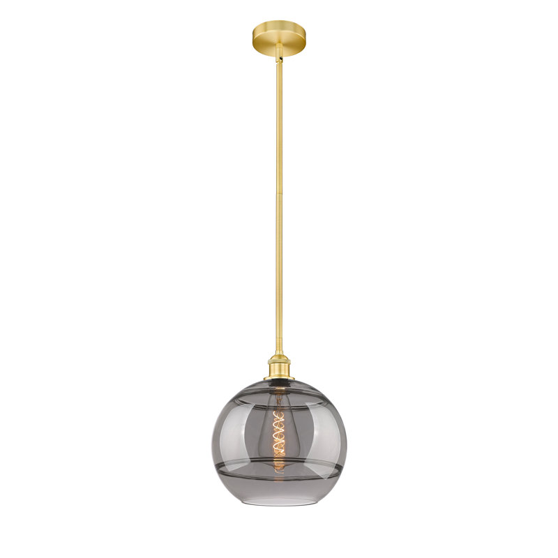 Mini-luminaire suspendu avec tige 6 po Edison Bienes-616-G556, Gris fumée clair, H 12,88 po x l 12 po x P 12 po, Or satiné