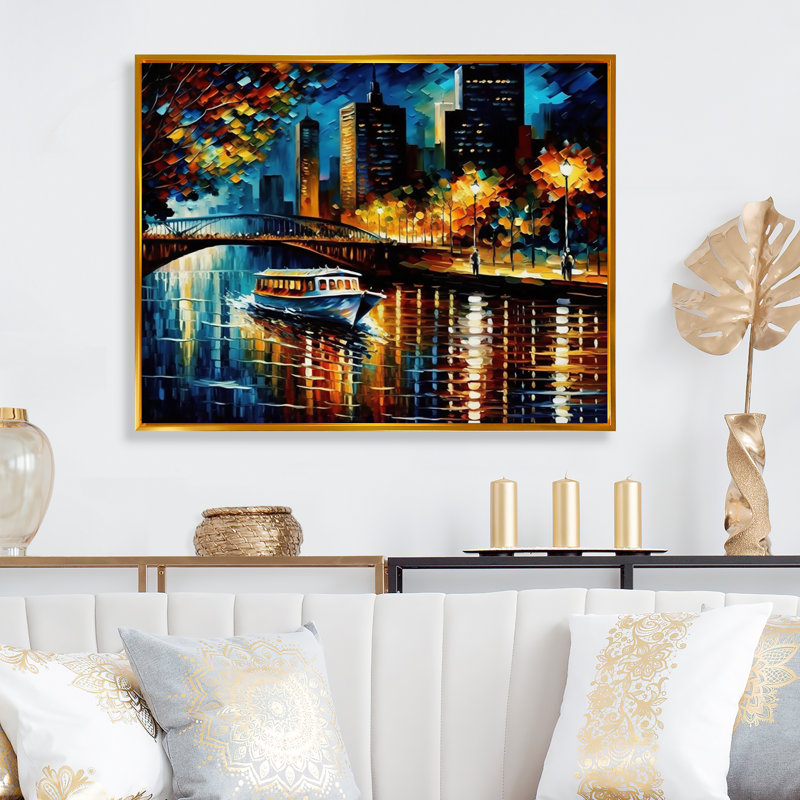 «Chicago River View in the Fall II», reproduction sur toile, H 16 po x l 32 po x P 1 po, Toile avec cadre flottant or