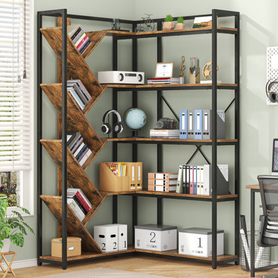 71" Tall Corner Bookshelf, L-shape Bookcase With Y-shape Shelves, Metal Frame Display Shelf, Brown