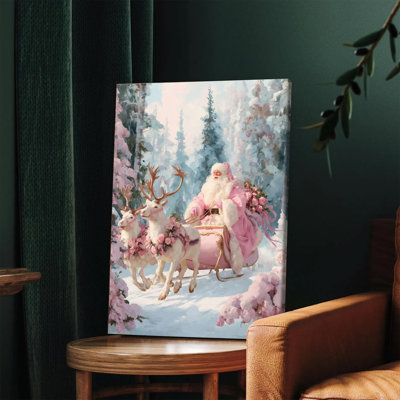 1PC Wall Arts Posters Framed,  Vintage Pink Santa Claus Riding Sleigh with Reindeer in Snowy Forest Canvas Wall Art Christmas Decor for Home Living Room Bedroom Holiday Decoration Festive Winter Scene Print Painting