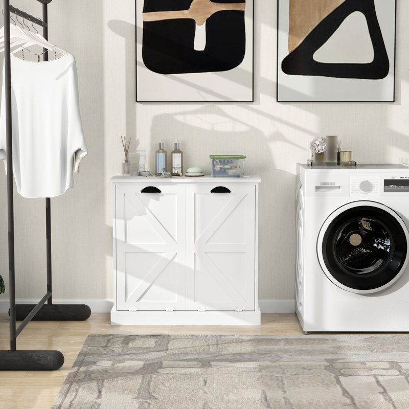 Laundry Sorter Cabinet In White. Elegant And Functional. Removable Cloth Storage Bags. E1 , . Waterproof & Safe. . Easy To Assemble. 100-pound Load Bearing White Cabinet. Bags For Convenience.