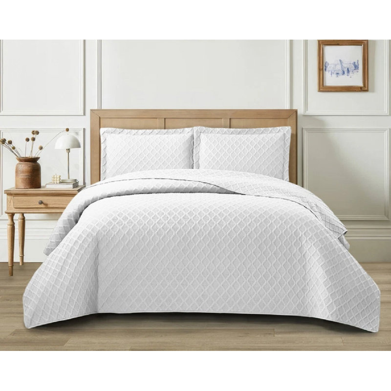 Bedspread Diamond Check Grey Super King, Full Bedspread + 2 Standard Shams, White