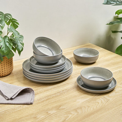Ensemble de vaisselle en grès de 12 pièces Sango Asher - Service pour 4, ensemble d'assiettes et de bols