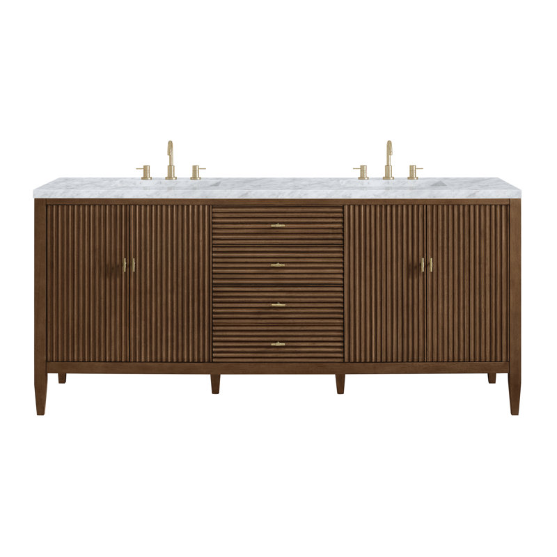 Myrrin 72'' W Double Vanity, Mid-Century Walnut, Carrara White, 8" Widespread