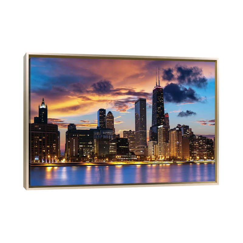 Chicago Skyline by Paul Rommer iCanvas, 26" H x 40" W x 1.5" D, Champagne Floater Frame Canvas