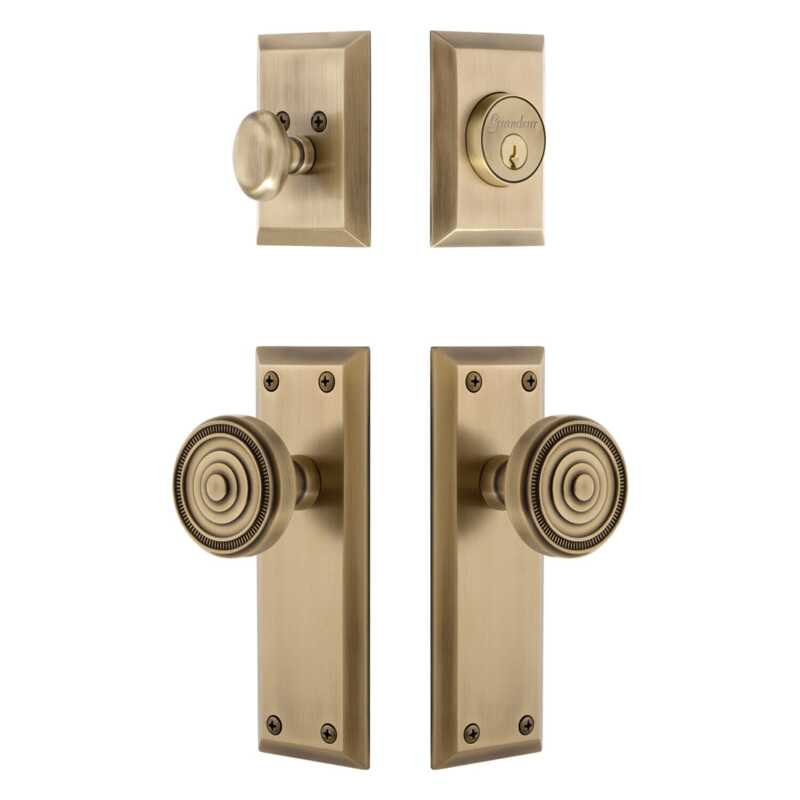 Ensemble de grandes plaques d'entrée Grandeur Fifth Avenue avec bouton Soleil en nickel poli, 2.75", Polished Nickel