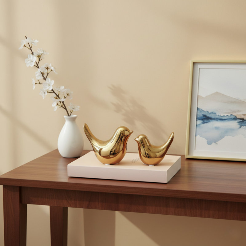 Modern Gold Ceramic Bird Ornament Set Of 2 For Shelves & Tabletop