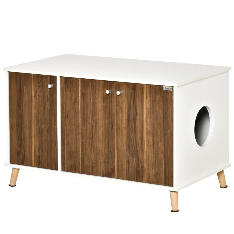 White and Walnut Wood Cat Litter Box Enclosure Cabinet