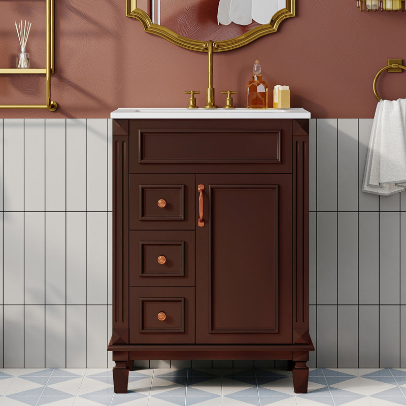24" Vanity With Ceramic Sink For Bathroom, Wine Red