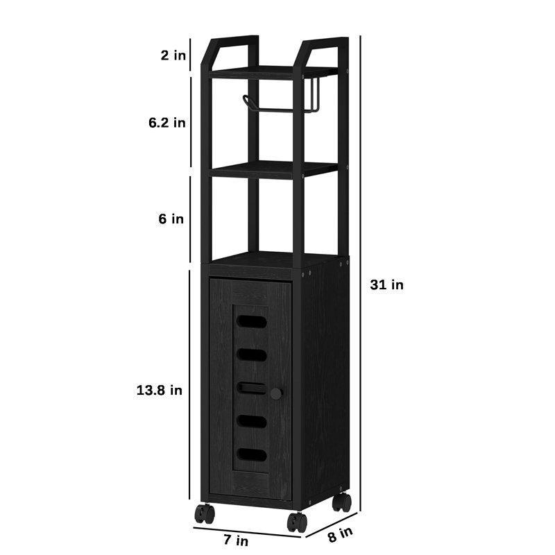 Black Compact Bathroom Storage Cabinet with Adjustable Shelf and Wheels
