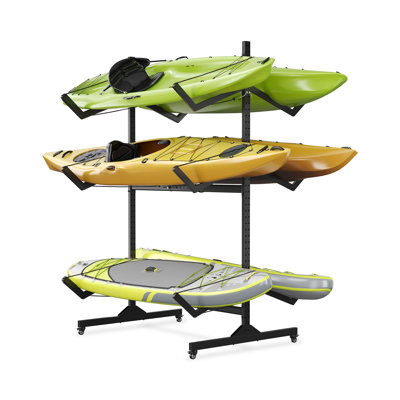 Adjustable Width Kayak Rack for Garage – Curved Arm Double Sided 3-Tier Rack Holds 6 Kayaks