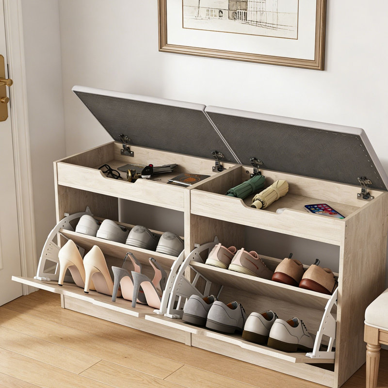 38.6"W Shoe Storage Bench With Seat Cushion And Flip-drawer Cabinet, Natural/Gray