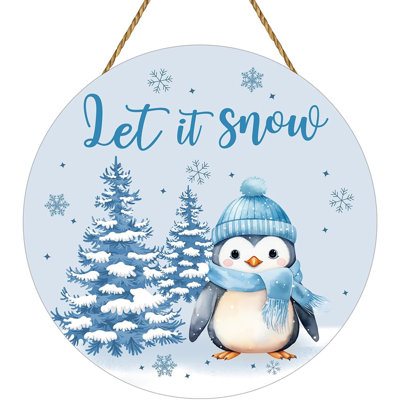 Winter Door Hanger – White And Black – “Let It Snow” Wooden Sign With Penguin Design, Hanging Wall Or Front Door Decoration For Porch, Indoor Or Outdoor Home Décor
