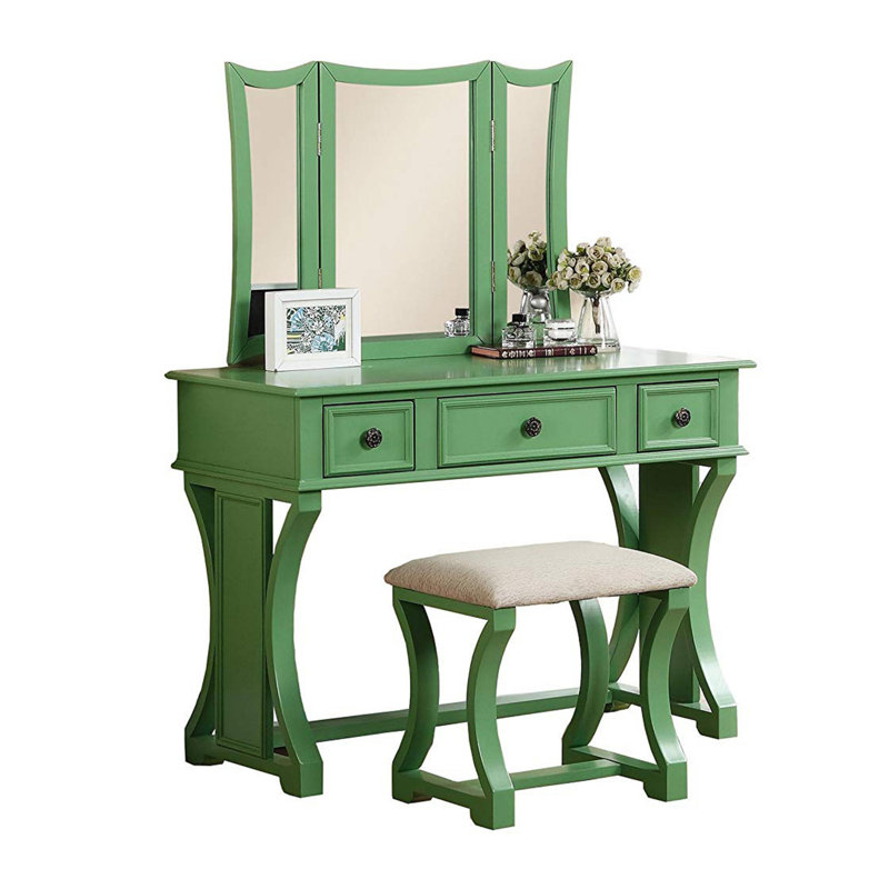 Ensemble coiffeuse avec tabouret et miroir Potterville, Vert
