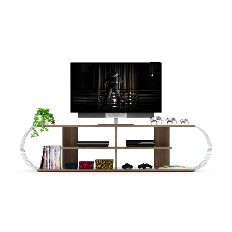 68 Inch Tv Stand In Mid Century Modern Design, Walnut/ With Open Storage, 4 Shelves, Solid Wood Shelf Stand, Entertainment Centre, Storage Unit,