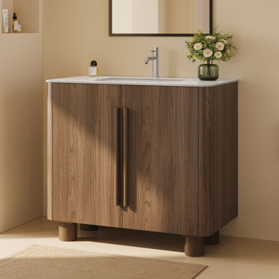 36 Inch Mid‑Century Modern Freestanding Bathroom Vanity, Curved Cabinet Body with Soft‑Close Hinges, Wood Legs, White Sintered Stone Countertop Bathroom Vanity