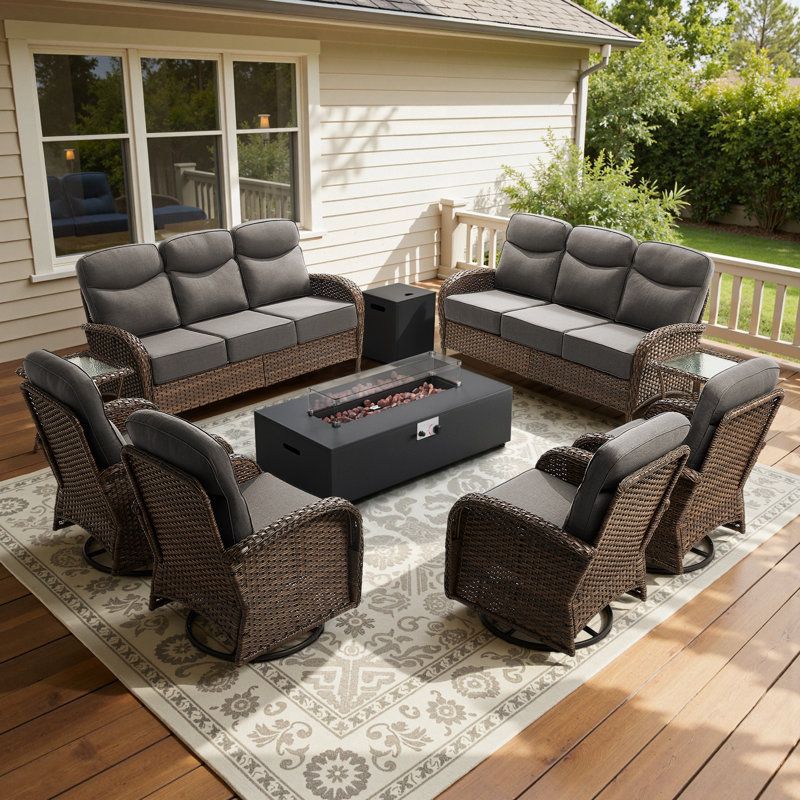 9-Piece Outdoor Garden Nighttime Moments Family Sofa Conversation Set With Swivel Chairs And Split-Type Fire Pit, Gray