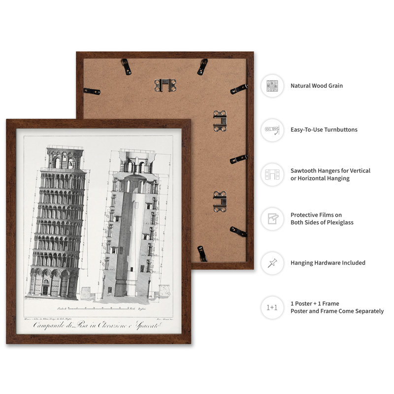 Plan de la tour penchée de Pise, Poster, 16"H x 20"W, Brown Framed