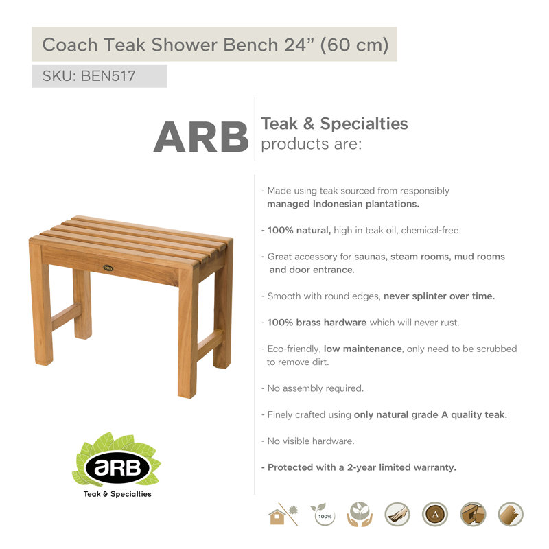 Elegant Teak Spa Safety Shower Bench - 23.5" Height