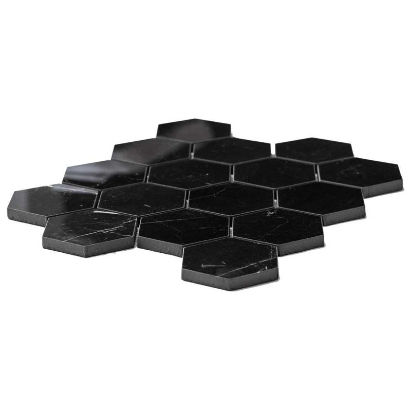 Stately Hex 11" x 14" Porcelain Novelty Marble Look Wall & Floor Tile, Marquina Black