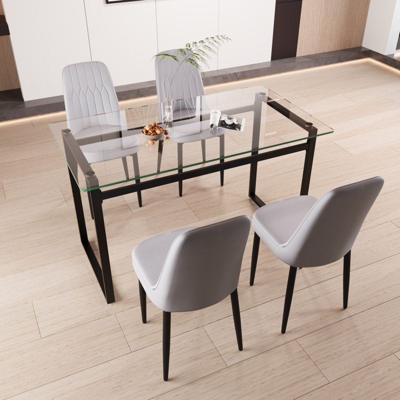 Ensemble de table de salle à manger pour 4 personnes en verre, ensemble de cuisine avec table et chaises à pieds en métal noir, plateau de table rectangulaire moderne en verre trempé et chaise de salle à manger en polyuréthane