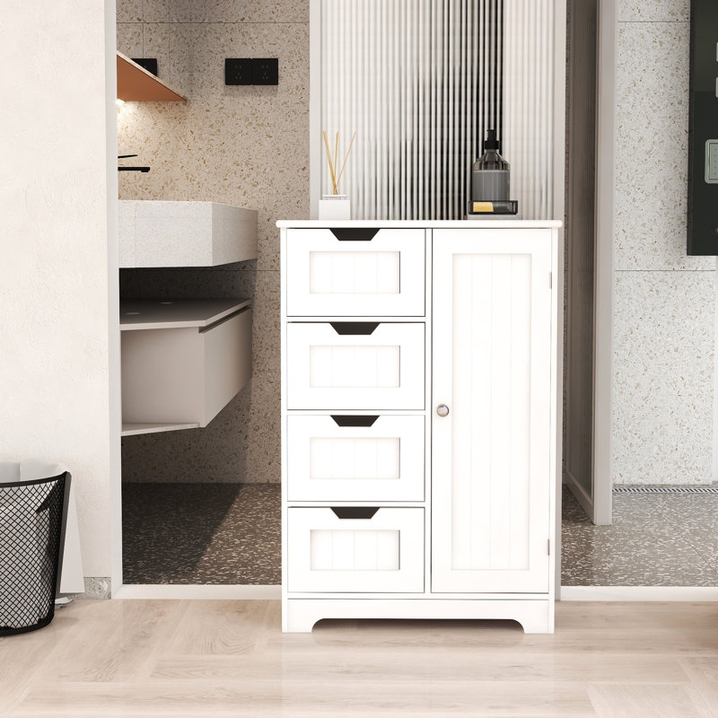 Armoire de rangement moderne blanche avec 4 tiroirs et 1 porte - tablettes réglables pour une salle de bain contemporaine