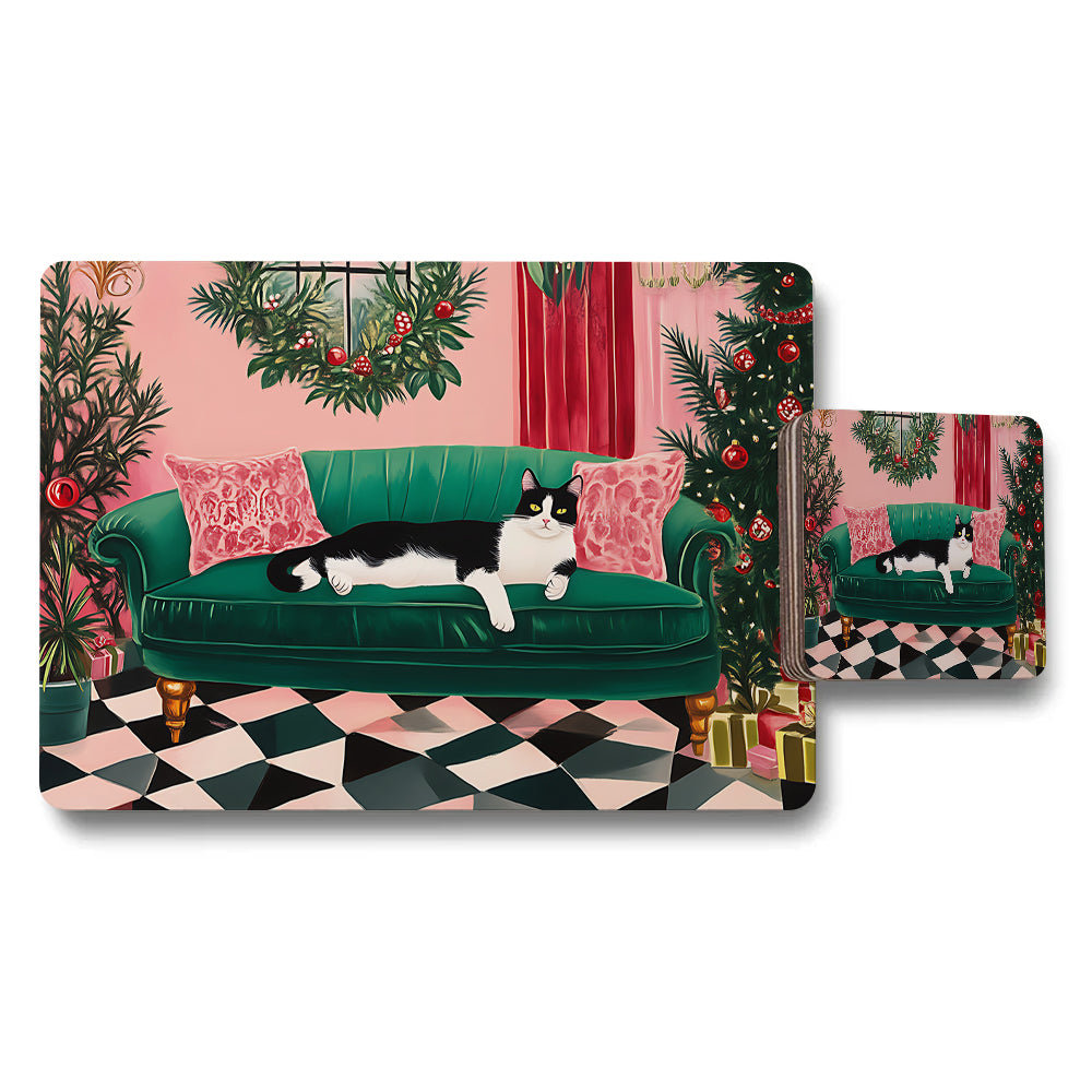 Cat On Green Velvet Sofa Placemat Coaster Set Christmas Decor