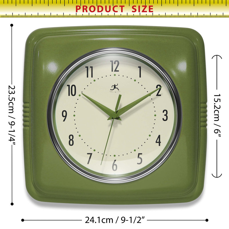 Square Retro Wall Clock, Olive Green, 9.25"