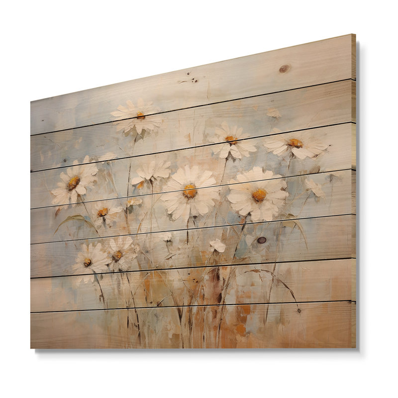 White Daisy Fields Elegance - Daisies Wood Wall Art On Natural Pine Wood, 24" H x 32" W