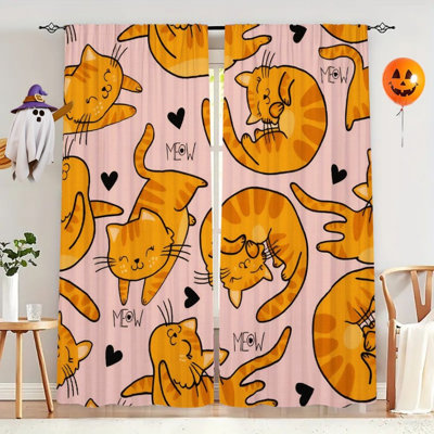 2Pcs Cartoon Cute Kitten Pattern Pink Curtain, Charming Cats Print  Light Filtering, For Living Bedroom Kitchen Rod Pocket Window Drapes, Treatment Decor, Home
