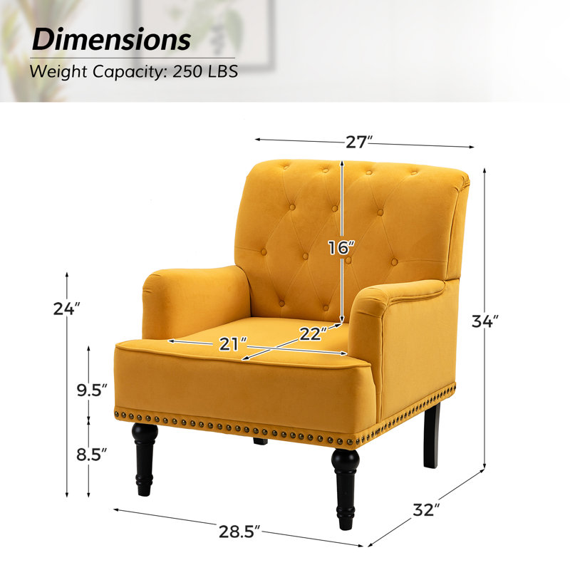 Fauteuil capitonné en velours avec garniture cloutée 28,5 po Jakub , Velours moutarde