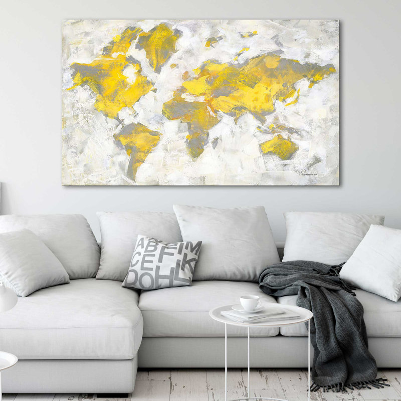 «World Map Yellow Gray» par Danhui Nai - impression, H 24 po x l 40 po x P 1,5 po, Toile tendue