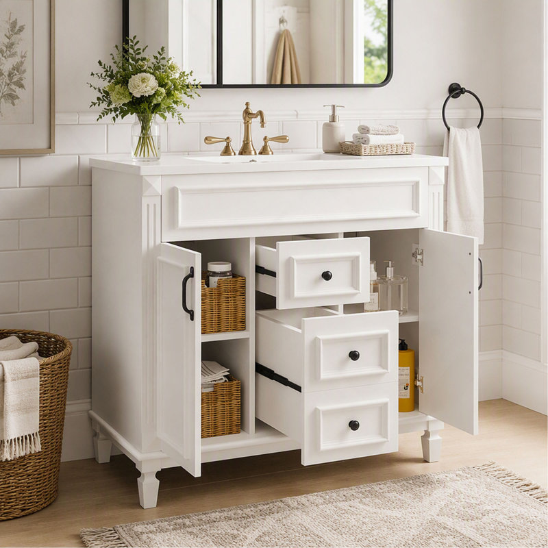Meuble-lavabo de salle de bain, 36 po, avec lavabo supérieur, armoire de rangement avec 2 portes à fermeture douce, lavabo simple - moderne