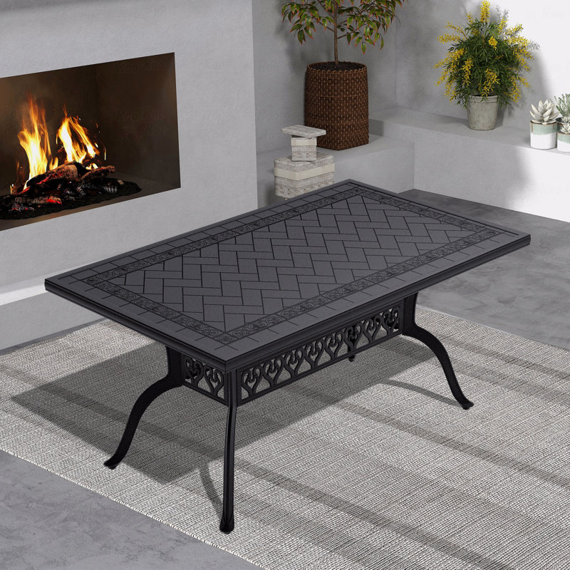 Cast Aluminum Patio Dining Table, With Black Frame And Carved Texture On The Tabletop