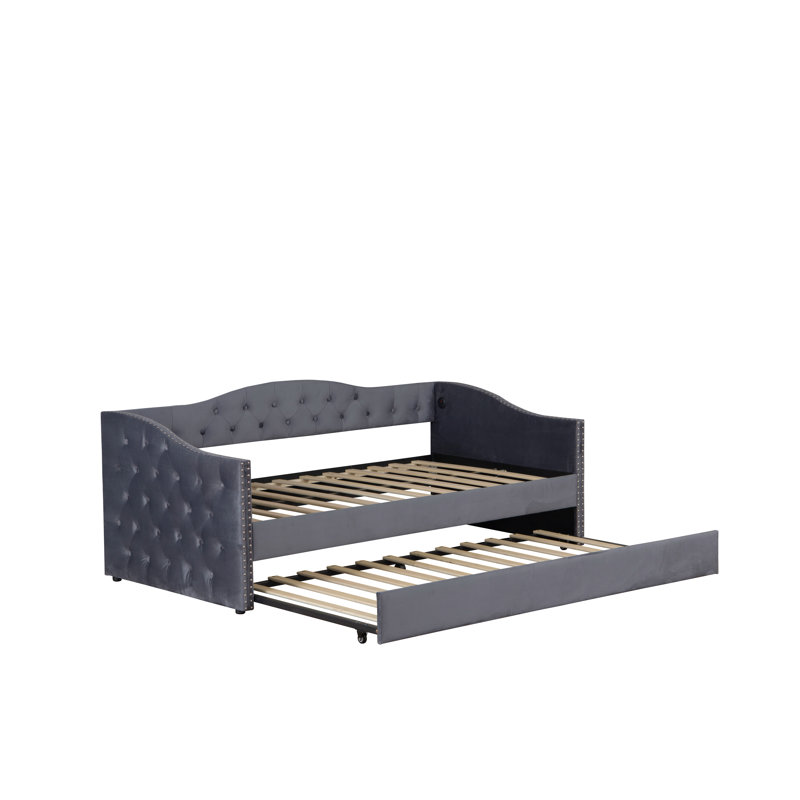 Twin Size Upholstered Daybed With Trundle And Usb Charging Design, Sturdy Wood Slat Support, Wood Bed Frame For Bedroom/Guestroom/Dorm,Plush Velvet Fabric