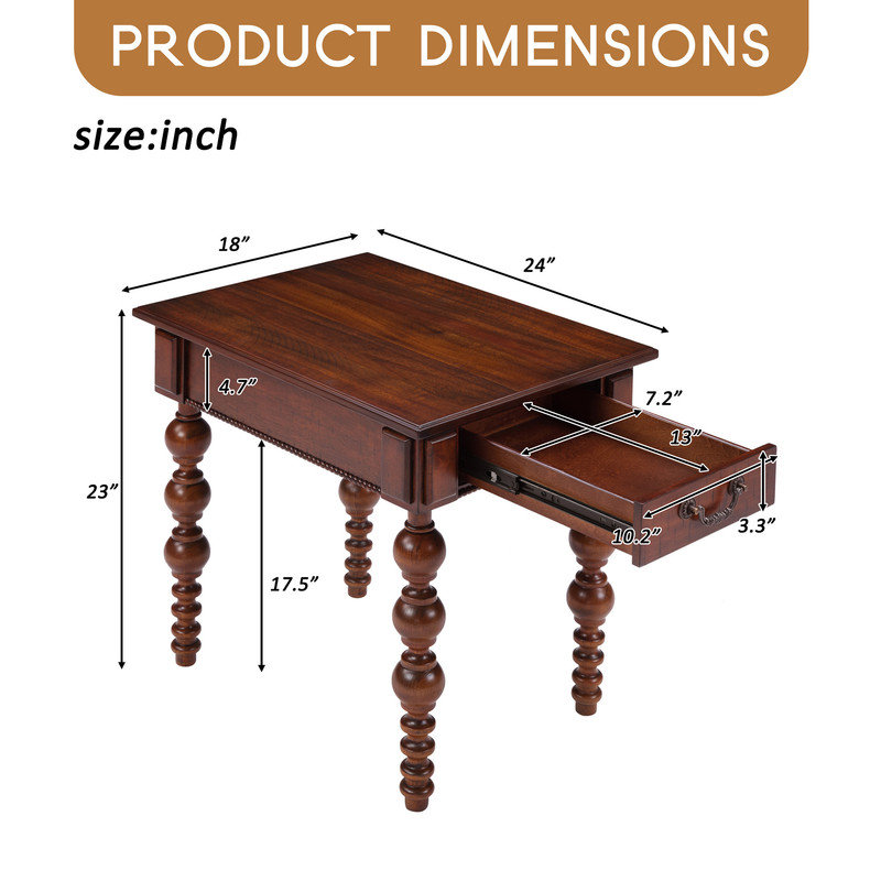 Table de bout vintage en bois massif avec tiroir, table d'appoint étroite pour canapé et salon, assemblage facile, Noyer