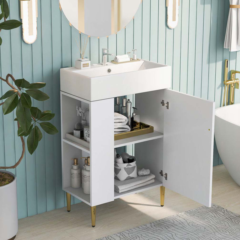 Meuble-lavabo de salle de bain avec lavabo en céramique, rangement à gauche, Blanc